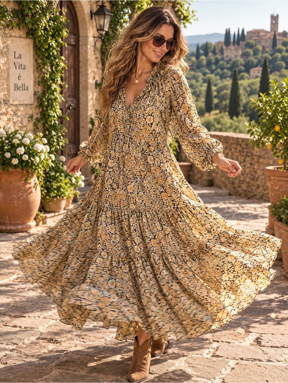 Free People Yellow Floral Tiered Maxi Dress